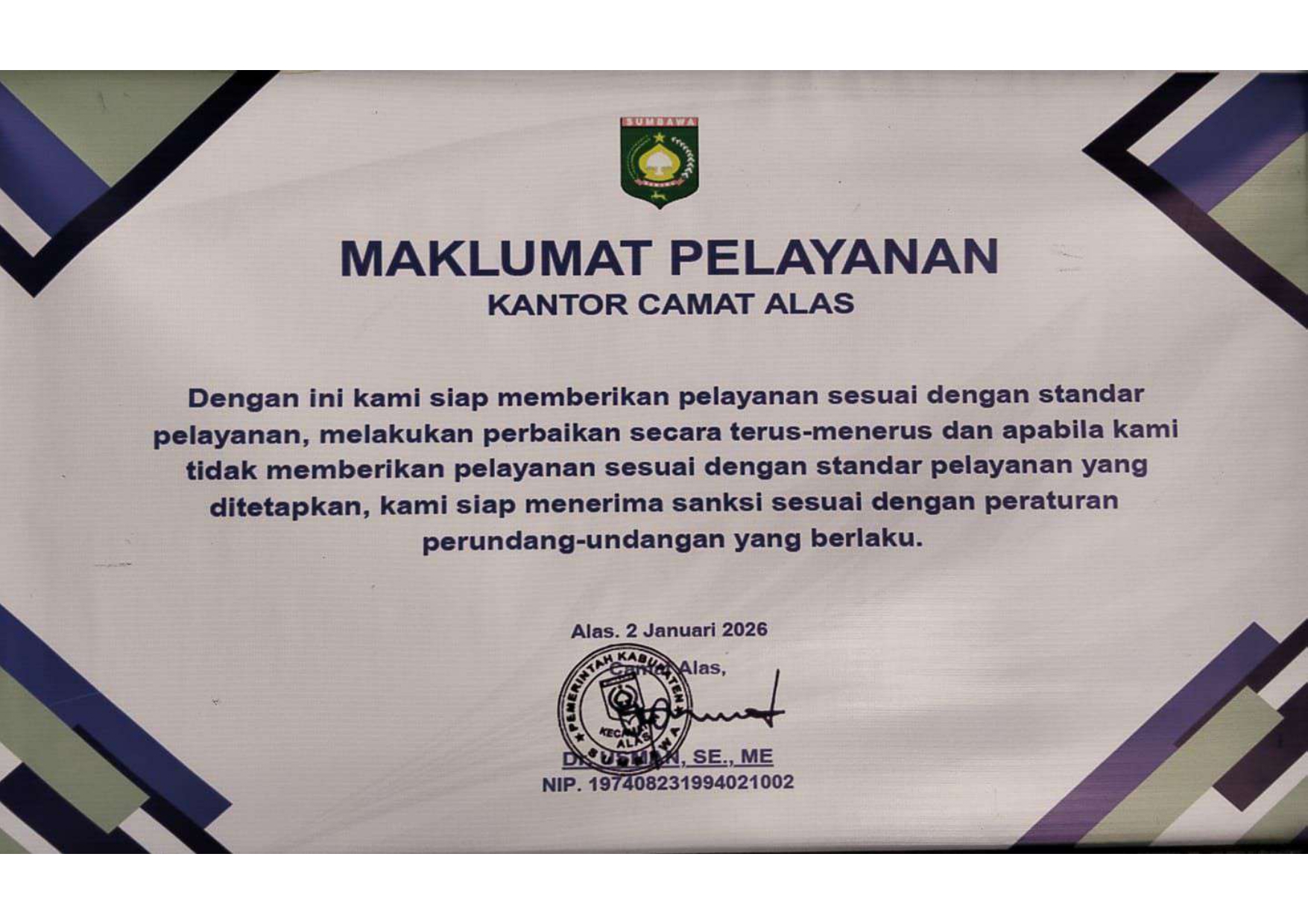MAKLUMAT PELAYANAN KANTOR CAMAT ALAS
